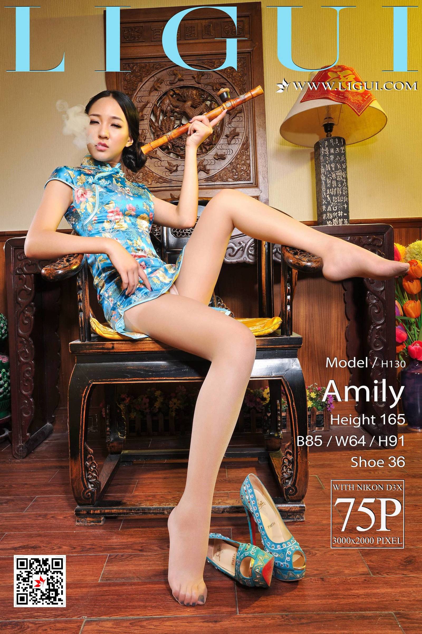 [Ligui丽柜] Model Amily - 蓝色旗袍丝足 写真套图[76](第3页)